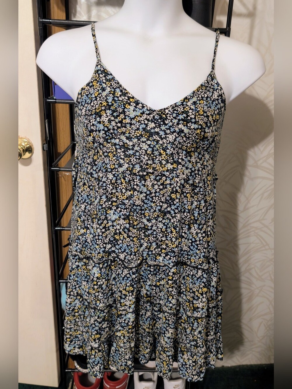 Just Polly Rayon Floral Blue& Yellow Ruffly,With Spaghetti Straps Mini Dress~ L